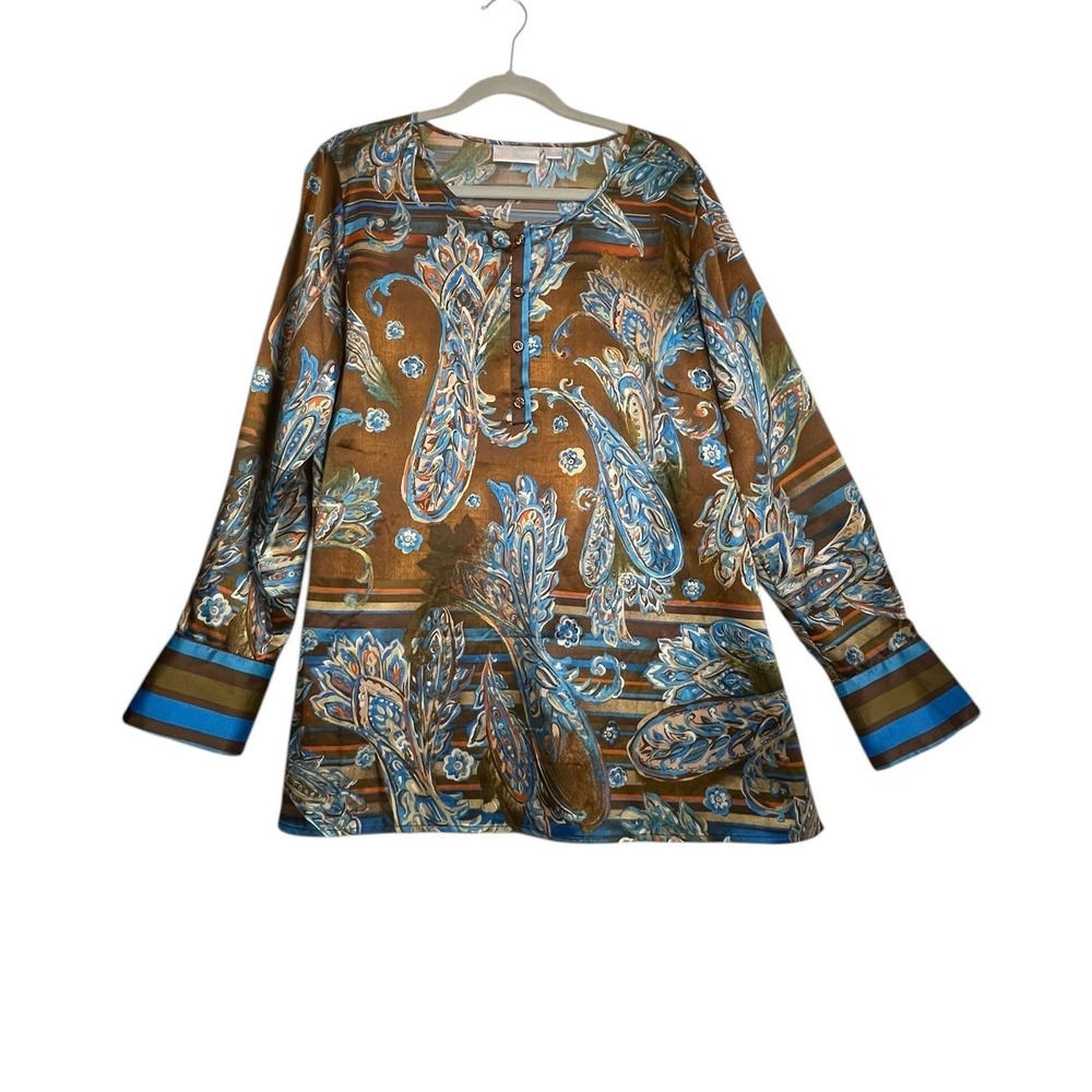 Belle by Kim Gravel Tunic L Paisley Stripe Satin Button Front Boho Blouse